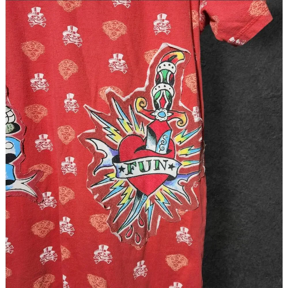 Ed Hardy Red Skull Heart Dagge Red T-Shirt Embroidered Christian Audigier Sz L